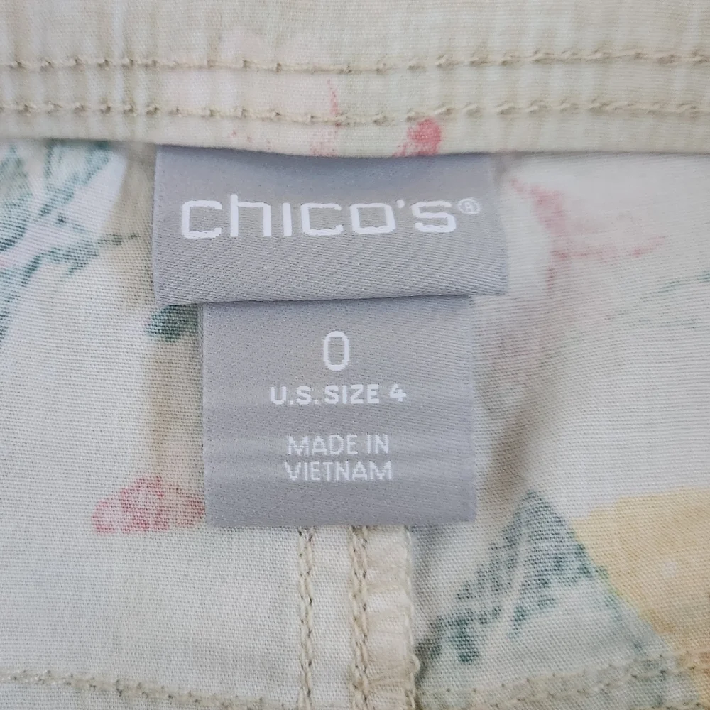 Chicos Pants Cream Yellow Lemon Pink Flower Cargo Cropped Mid Rise Utility 0/4